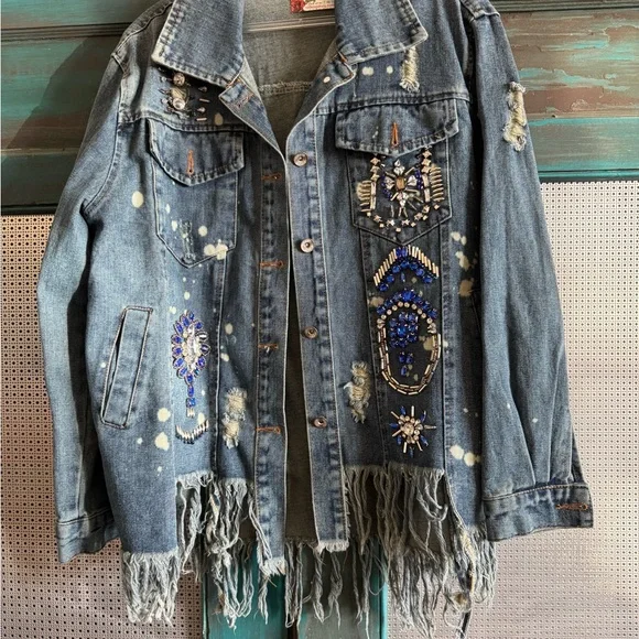 Embroidered Distressed Denim Jacket with Fringe with Swarovski Crystals - Picture 1 of 6